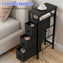 Side Table, Narrow Bedside Table With Charging Station - thumbnail 3