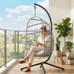 Outsunny Hanging Egg Chair, Outdoor Swing Chair With Stand, Light Grey - thumbnail 9