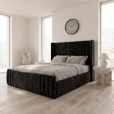 King - Black - Zoe 3 Line Winged Panel Bed Frame Plush Velvet With Divan Ottoman Gas Lift Storage + Footboard