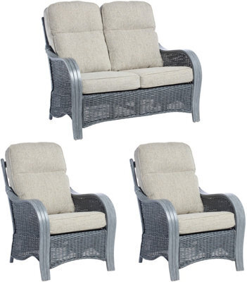 Desser Turin Grey Rattan 2 Seater Sofa & 2 Armchairs Indoor Real Cane Natural Rattan Conservatory Suite W/ Uk Sewn Pebble Cushions