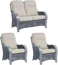 Desser Turin Grey Rattan 2 Seater Sofa & 2 Armchairs Indoor Real Cane Natural Rattan Conservatory Suite W/ Uk Sewn Pebble Cushions - thumbnail 1