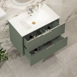 Royal Bathrooms Evora 800mm Sage Green Fluted Wall Hung Bathroom Vanity Unit 2 Drawer Cabinet Storage With Ceramic Basin Sink - 1 Tap Hole - thumbnail 3