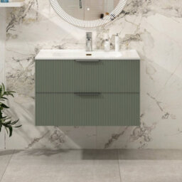 Royal Bathrooms Evora 800mm Sage Green Fluted Wall Hung Bathroom Vanity Unit 2 Drawer Cabinet Storage With Ceramic Basin Sink - 1 Tap Hole