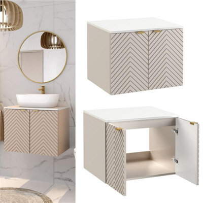Impact Furniture Beige Vanity Unit With Worktop 600mm White Countertop Wall Hung Bathroom Cabinet Fluted Cashmere Cara - image 1