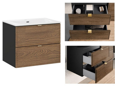 Impact Furniture Bathroom Vanity Unit With Sink Wall Cabinet 600mm Dark Oak Walnut Drawers Black Mid Century Modern Talia - image 1