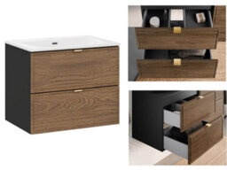 Impact Furniture Bathroom Vanity Unit With Sink Wall Cabinet 600mm Dark Oak Walnut Drawers Black Mid Century Modern Talia