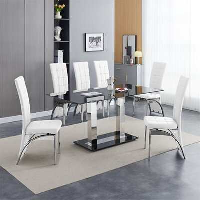 Furniture In Fashion Jet Large Black Glass Dining Table With 6 Ravenna White Chairs - image 1