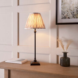 Luminosa Lighting Luminosa Lille Matt Black Table Lamp With Neutral Print Fabric Ikat Shade 25Cm B22 - thumbnail 3