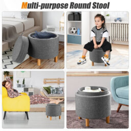 Costway Round Storage Ottoman W/ Tray Accent Fabric Storing Footrest W/ Non-Slip Pads - thumbnail 3
