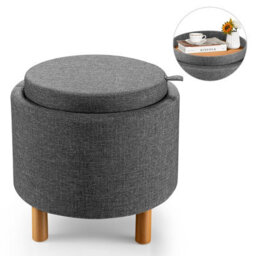 Costway Round Storage Ottoman W/ Tray Accent Fabric Storing Footrest W/ Non-Slip Pads