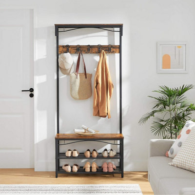 Songmics Vasagle Vintage Hat And Coat Stand, Hallway Shoe Rack And Bench With Shelves, Hall Tree With Hooks, Matte Metal Frame Hsr45Bx - image 1