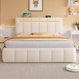 Abrihome 5Ft King Upholstered Bed With Hydraulic Storage, Led Headboard & Usb/type-C Ports, Boucle Fabric, Beige - thumbnail 3
