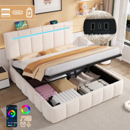 Abrihome 5Ft King Upholstered Bed With Hydraulic Storage, Led Headboard & Usb/type-C Ports, Boucle Fabric, Beige - thumbnail 6