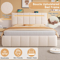 Abrihome 5Ft King Upholstered Bed With Hydraulic Storage, Led Headboard & Usb/type-C Ports, Boucle Fabric, Beige - thumbnail 7