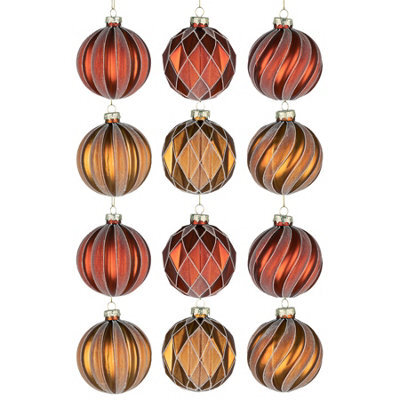 Shatchi Christmas 8Cm Red And Amber Glass Baubles Set - 12Pcs Ornaments With 6 Assorted Designs For Tree Decorations - image 1