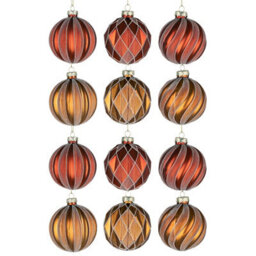Shatchi Christmas 8Cm Red And Amber Glass Baubles Set - 12Pcs Ornaments With 6 Assorted Designs For Tree Decorations - thumbnail 1