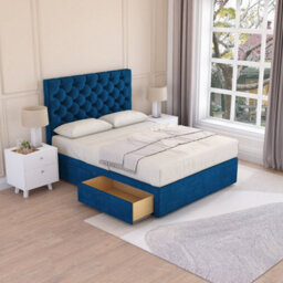 Sloomy Mayfair Navy Plush 5Ft Memory Foam Bed Set With 2 Drawers, Mattress & Headboard- King