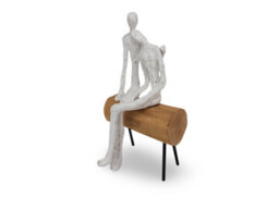 Polyresin, Mango Wood And Iron Couple On Log Sculpture - Handcrafted Romantic Figurine - Natural And White Finish - 16.5X31.5X13Cm - thumbnail 2