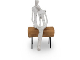 Polyresin, Mango Wood And Iron Couple On Log Sculpture - Handcrafted Romantic Figurine - Natural And White Finish - 16.5X31.5X13Cm