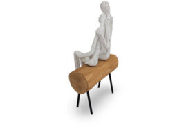 Polyresin, Mango Wood And Iron Couple On Log Sculpture - Handcrafted Romantic Figurine - Natural And White Finish - 16.5X31.5X13Cm - thumbnail 4