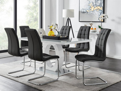 Furniturebox Giovani Rectangular 6 Seat White High Gloss Unique Halo Base Dining Table Grey Glass Top 6 Black Faux Leather Murano Chairs - image 1