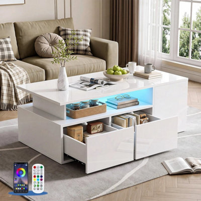 Led High Gloss Coffee Table With 2 Push Latch Drawers - image 1