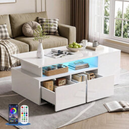 Led High Gloss Coffee Table With 2 Push Latch Drawers - thumbnail 1