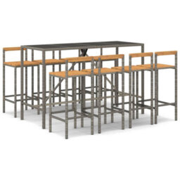 Walplus 9 Piece Garden Bar Set Grey Poly Rattan& Solid Wood Acacia - thumbnail 2