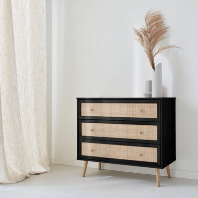 Sweeek - 3-Drawer Chest With Wood And Cane Effect Black 90X39X79 Cm - Boheme - image 1