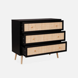Sweeek - 3-Drawer Chest With Wood And Cane Effect Black 90X39X79 Cm - Boheme - thumbnail 3