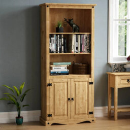 Bookcase 2 Door Display Unit 3 Shelf Mexican Solid Waxed Pine Living Room - thumbnail 1