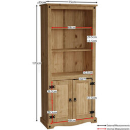 Bookcase 2 Door Display Unit 3 Shelf Mexican Solid Waxed Pine Living Room - thumbnail 2