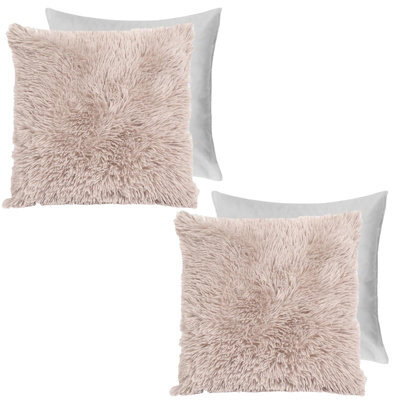"Ohs Fluffy 2 X Cushion Covers Filled Soft Shaggy, 18""x 18"" - Natural Brown" - image 1