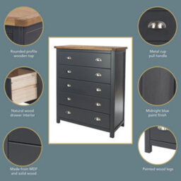 Core Products Dunkeld 5 Drawer Chest - Midnight Blue Painted Wood Bedroom Storage, H114.5 X W90 X D40 Cm - thumbnail 6
