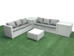 Fimous Rattan Garden Outdoor Furniture Set 6 Seater Rattan Garden Sofa Set 2 Side Tables Light Grey - thumbnail 1