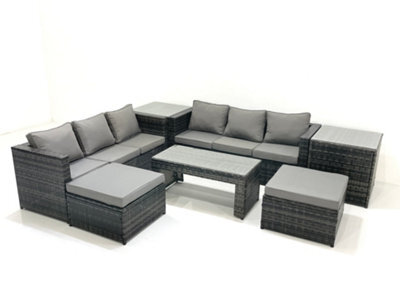 Fimous Garden Outdoor Rattan Furniture Set With Sofa Coffee Table 2 Big Footstools 2 Side Tables Dark Grey Mixed - image 1