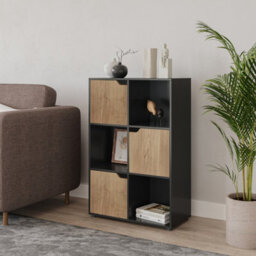 Urbn-Living Black, Oak - 6-Cube Shelving Unit With Wooden Doors - thumbnail 3