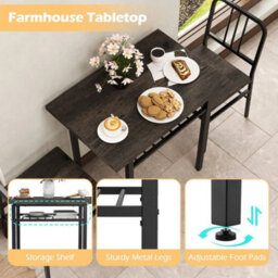 3-Piece Grey Dining Set Rectangular Table 2 Chairs Storage Rack Metal Legs - thumbnail 4