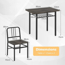 3-Piece Grey Dining Set Rectangular Table 2 Chairs Storage Rack Metal Legs - thumbnail 2