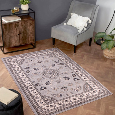 Grey Traditional Bordered Floral Rug Easy To Clean Dining Room-160Cm X 230Cm - image 1