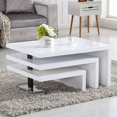 Furniture in Fashion Design Rotating High Gloss Coffee Table With 3 Tops In White
