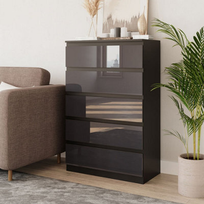 Urbn-Living Urbnliving 109Cm Tall 5 Drawer High Gloss Bedside Chest Of Drawers With Smooth Metal Runner Black & Grey - image 1