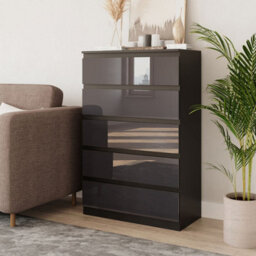 Urbn-Living Urbnliving 109Cm Tall 5 Drawer High Gloss Bedside Chest Of Drawers With Smooth Metal Runner Black & Grey