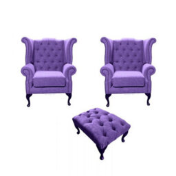 Chesterfield 2 X Wing Chairs + Footstool Verity Purple Fabric In Queen Anne Style