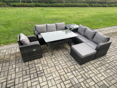Fimous 8 Seater Rattan Garden Furniture Set Oblong Dining Table And Chairs Set With 3 Seater Sofa Big Footstool Side Tables - image 1