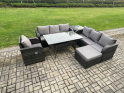 Fimous 8 Seater Rattan Garden Furniture Set Oblong Dining Table And Chairs Set With 3 Seater Sofa Big Footstool Side Tables - thumbnail 1