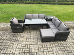 Fimous 8 Seater Rattan Garden Furniture Set Oblong Dining Table And Chairs Set With 3 Seater Sofa Big Footstool Side Tables - thumbnail 2