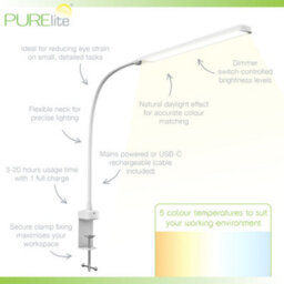 Purelite Luma Clamp-On Led Task Lamp Flexible Arm 580 Lumens 5 Light Colours - thumbnail 4
