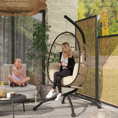 Outsunny Egg Chair Outdoor Indoor Garden Swing Chair, Folding Basket, Khaki - image 1