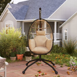 Outsunny Egg Chair Outdoor Indoor Garden Swing Chair, Folding Basket, Khaki - thumbnail 9